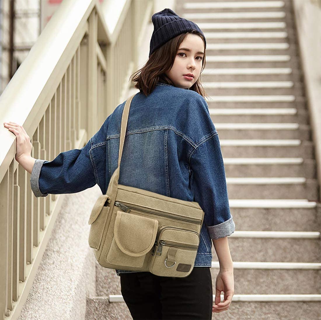FANDARE Canvas Crossbody Bag Messenger Bag Satchel Shoulder Bag Working Bag Bookbag Briefcase for Men and Women Khaki - Image 3