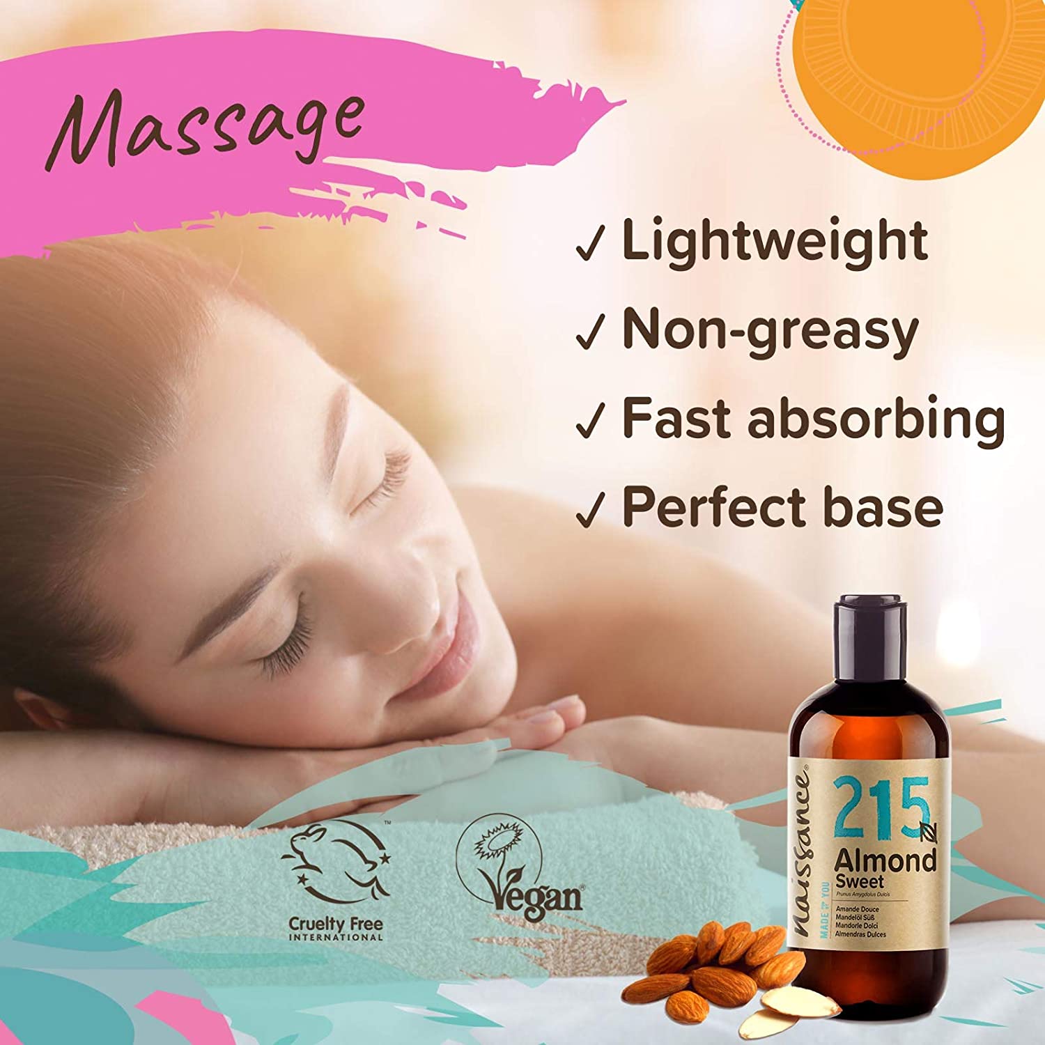 Naissance Sweet Almond Oil (no. 215) 250ml, for Skin Hair, Massage, Nails, Cuticles, Ears, Face, Body, Natural Skin Care - Image 3