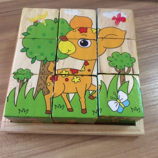 PROW® 6 in 1 Wooden Cube Puzzles Jigsaw 9 Pcs Hedgehog Elephant Tiger Deer Monkey Zebra Learning Animal Safe and Non-toxic Toy Building Blocks for Kids - Image 4