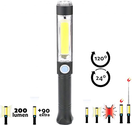 Garza Aluminium LED Torch with Magnetic Tip Extendable and Flexible and Cool Light 6500K on Side 200LM and Front 90LM. IP44, Black, M - Image 4