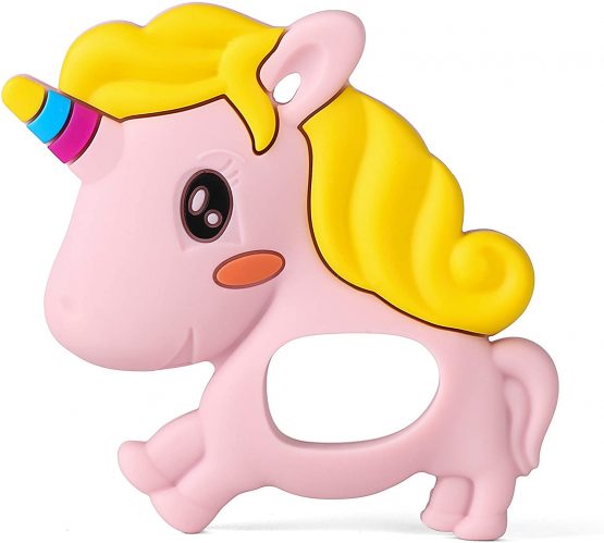 PREMYO Teething Toy for Baby Teether Silicone - Soothes Sore Gum Pain - Easy to Grab BPA Free Unicorn Pink