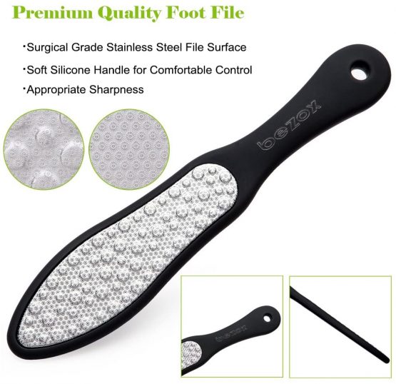 BEZOX Professional Foot File, Double Side Pedicure Rasp, Dead Hard Cracked Skin Calluses Remover, Portable Foot Care Tool, Heavy Duty Stainless Steel (Soft Silicone Handle) - Image 3