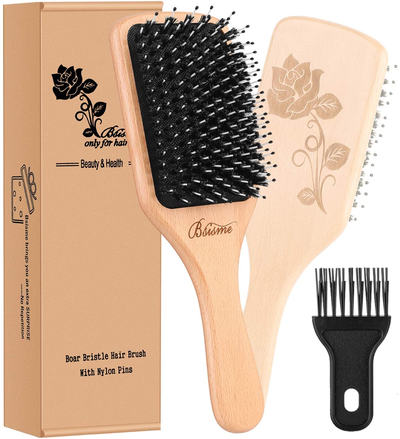 Bsisme Boar Bristle Hair Brush Women Mens with Soft Nylon, Detangle Curly Thick Hair Wooden Paddle Hairbrush and Comb