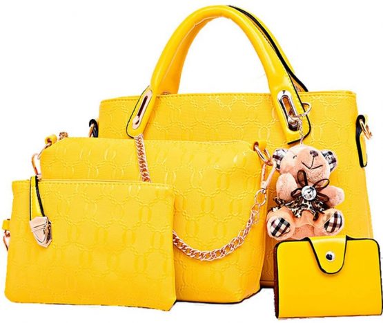 FiveloveTwo Women 4Pcs Top Handle Satchel Hobo PU Leather Handbag Set Large Tote + Purse + Shoulder Bag + Card Holder Yellow