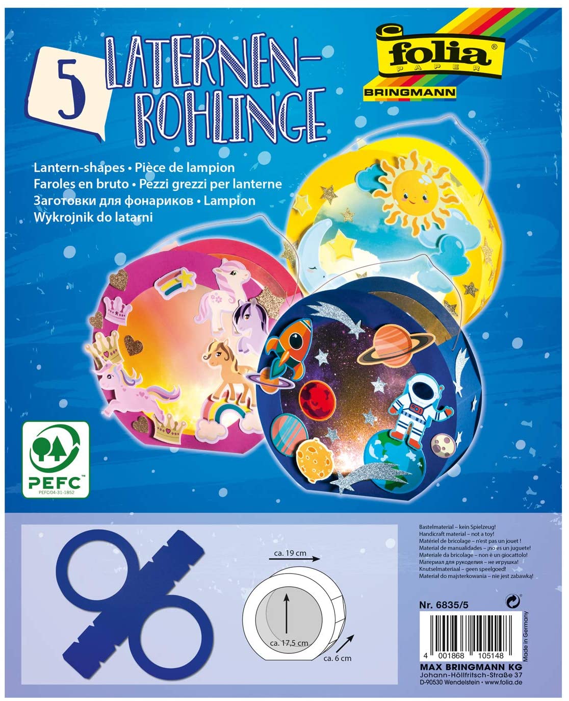 folia 6835/5 Round Lanterns Blanks Made of Photo Card 5 Pieces in Royal Blue for Gluing Together Diameter Approx. 19 cm
