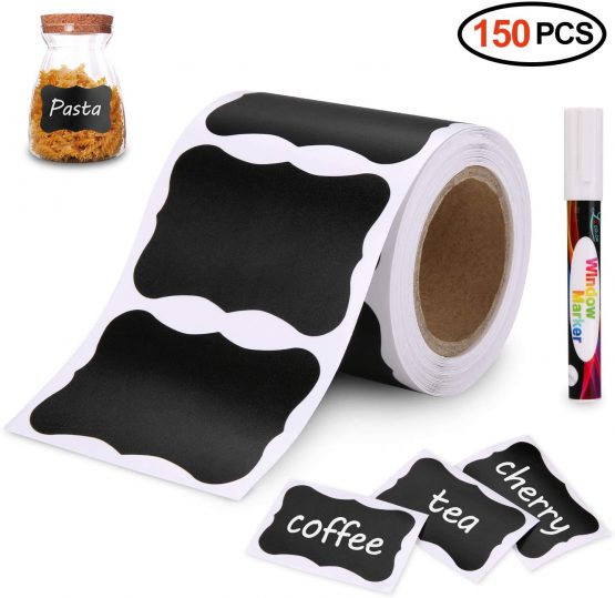 Chalkboard Labels, Joyoldelf 150Pcs Waterproof Reusable Blackboard Stickers Kit for Kitchen Organize with 1 White Chalk Pen, Removable Label Sticker to Decorate Your Pantry Storage Office (Lace)