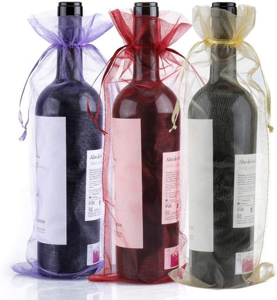 30 PCS Organza Wine Bags,37 * 14 cm Organza Bottle Gift Bags with Drawstring for Party Favours(Gold+Purple+Red)