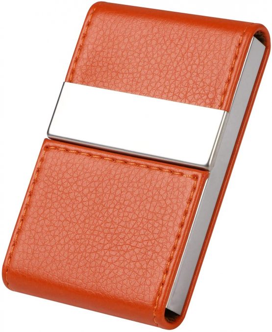 flintronic Business Card Holder | PU Leather Credit Card Holder, Slim Stainless Steel ID Case for Men/Women | Double Open Magnetic Buckle Keep Your Business Name Cards Clean (Orange)