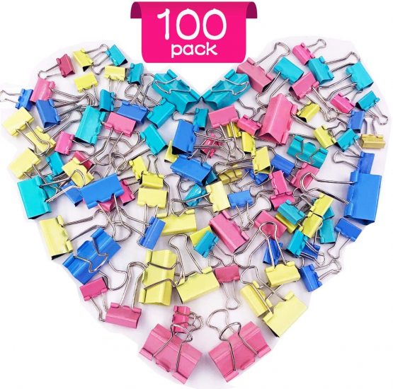 Bulldog Clips Clamps- 100 pcs Metal Binder Clips 4 Sizes Foldback Clips Assorted Colours Paper Clips Clamps 15mm 19mm 25mm 32mm