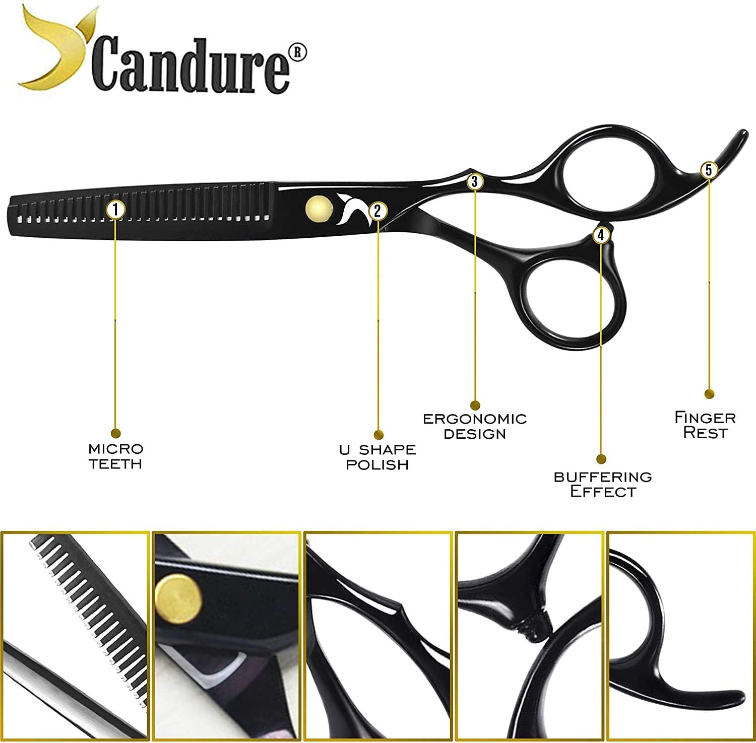 Candure Hairdressing Cutting Scissors Barber and Thinning Salon Shears Set 5.5 inch, Deep Black, 5.5" - Image 4