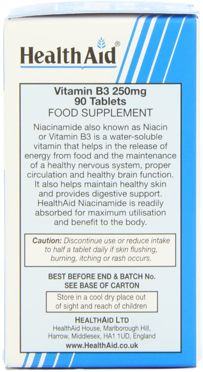 HealthAid Vitamin B3 (Niacinamide) 250mg - Prolong Release - 90 Tablets - Image 4