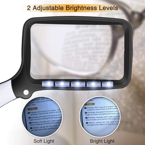 Kaome Rectangular Magnifying Glass with Light Magnifier Large Foldable Handheld 5 LED, 2 Dimming Modes, 2X Magnifying Reading for Seniors Low Vision Books Pages Magazines Newspapers Maps Jewelry - Image 3