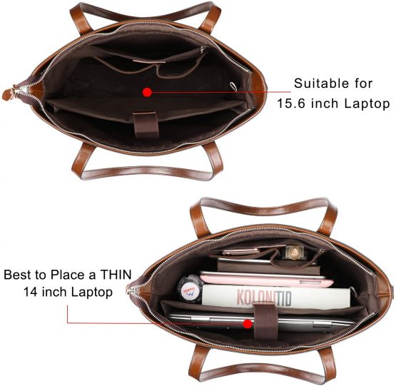 S-ZONE 15.6" Leather Laptop Bag for Women Shoulder Bag Large Work Tote with Padded Compartment - Image 3