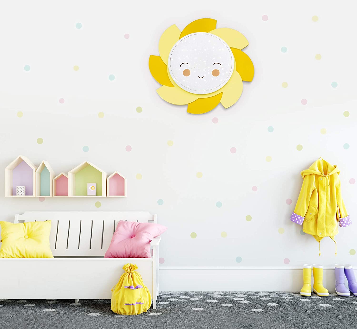 Elobra Starry Sky Lamp Sun High-Quality LED Ceiling Light/Wall Lamp for Boys and Girls Made of Wood Dimmable, Yellow - Image 2