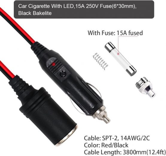 KUNCAN 13FT 12-24v Car Charge Cigarette Lighter Extension Cable Male to Female Socket, 14AWG Heavy Duty Cigarette Lighter Cord with LED Light, 15A Fuse - Image 2