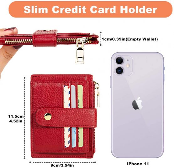 BTNEEU Men Women Leather Credit Card Holder RFID Blocking Slim Leather Wallet, Minimalist Card Holder Small Wallet with Coin Pocket, Thin Front Pocket Wallets with 9 Card Slots (red) - Image 3