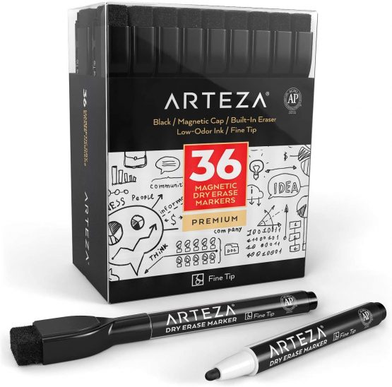 Arteza Magnetic Dry Erase Markers with Eraser, Pack of 36 (with Fine Tip), Black Color with Low-Odor Ink, Whiteboard Pens is Stationary Supplies School, Office, or Home