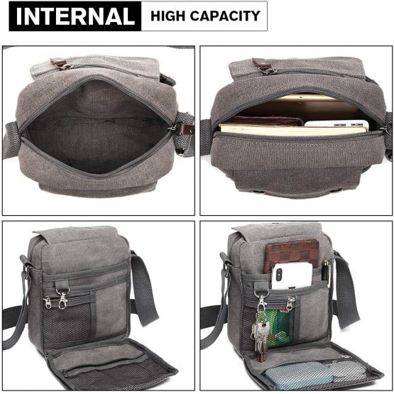 Kono Men Shoulder Bags Small Canvas Messenger Travel Organizer Satchel Durable Multi-Pocket Sling Cross Body Bag Pack (Grey) - Image 4