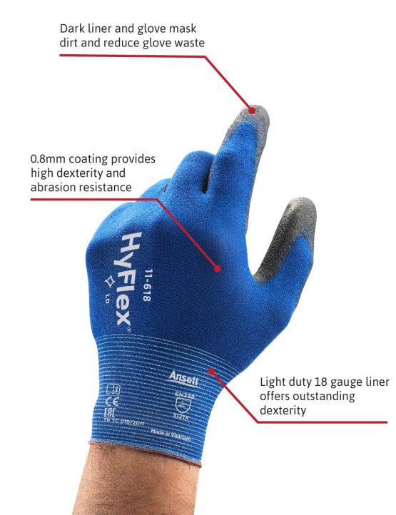 Ansell HyFlex 11-618 Work Gloves Nylon, High Dexterity and Sensitivity, Thin Mechanical Glove, Professional Multi-Purpose Gloves, Assembly, DIY and Painting, Men Women, Blue, Size L (1 Pair) - Image 3