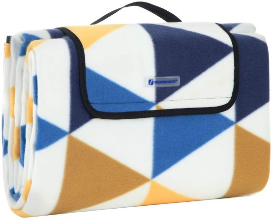 SONGMICS Picnic Blanket, 200 x 200 cm, Outdoor Beach Blanket for Camping, Park, Yard, with Waterproof Backing, Foldable, Yellow and Blue Triangle Pattern GCM76S