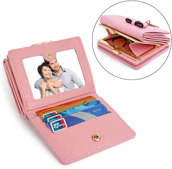 UTO Ladies Card Wallet Purse 13 Slots Kiss Lock Coin Pocket Cat Pendant PU Leather Pink - Image 2