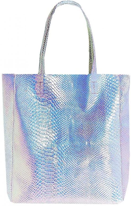 AiSi Womens Holographic Tote Bag PU Shoulder Shopping Handbag，Silver