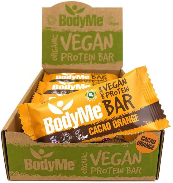 BodyMe Organic Vegan Protein Bar | Raw Cacao Orange | 12 x 60g Vegan Protein Snack Bars | Gluten Free | 16g Complete Protein | 3 Plant Proteins All Essential Amino Acids | High Protein Vegan Snacks