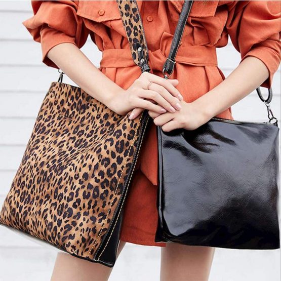 Women Leopard Print Bag Leather Tote Top Handle Big Shoulder Handbag Purse 2 Pcs - Image 2