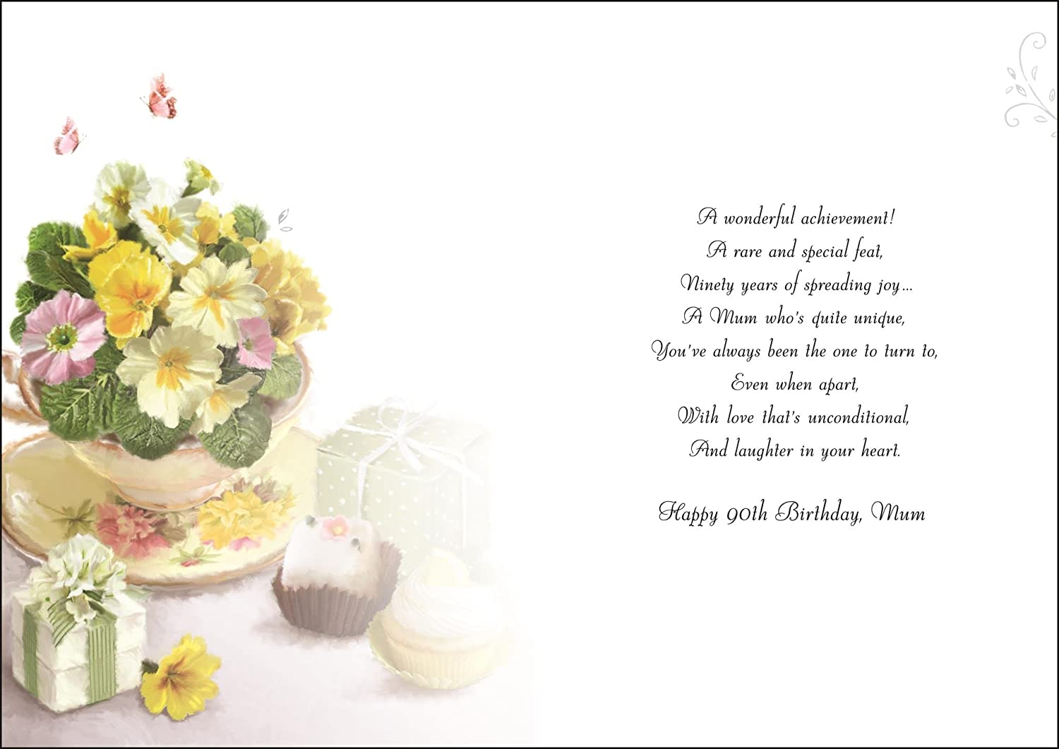 Greeting Card (JJ3026) Mum Birthday, Age 90, Yellow Flowers, Moments Range, Emboss and Foil Finish, white|yellow|green|beige - Image 2