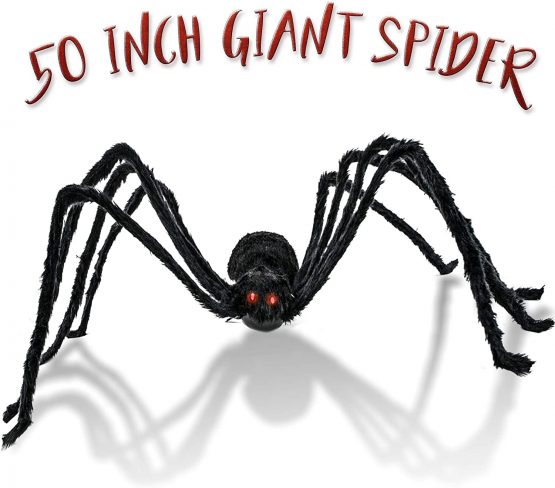 THE TWIDDLERS - Giant Black Spider, 50 in/127cm - Huge Hairy Realistic Shakes & Squeaks, Spooky Garden Halloween Decoration for Indoor & Outdoor Decor