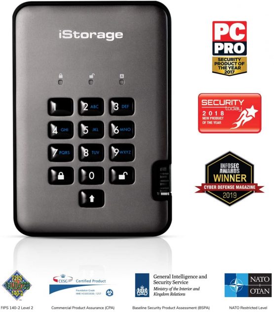 iStorage diskAshur PRO2 HDD 2 TB Secure Hard Drive FIPS Level 2 Certified, Password-Protected, Dust/Water-Resistant. IS-DAP2-256-2000-C-G