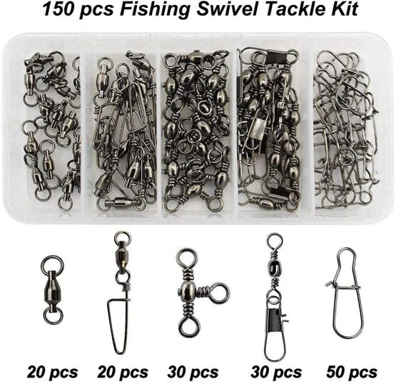 OROOTL Fishing Snap Swivels Box Kit - 150pcs 5 Types Sea Fishing Swivels with Safety Nice Snap,Barrel Swivel Snap,Cross-Line Triple Barrel Swivel Ball Bearing Swivel Fishing Terminal Tackle Kit