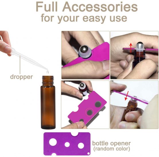 10Pcs, 10ml Essential Oils Roller Bottles - Amber Glass Roll on Bottles with Stainless Steel Roller Balls Perfect for Fragrance, Aromatherapy by Alledomain (Included 1 Bottle Opener and 1 Dropper) - Image 3