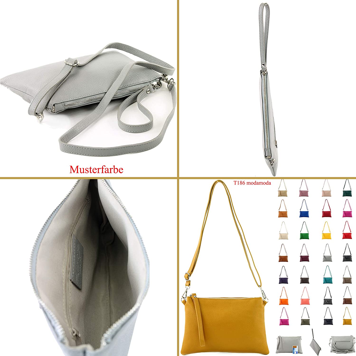 modamoda de - T186 - Italian Clutch/Shoulder Bag Leather Medium, Colour:Mustard Yellow - Image 3