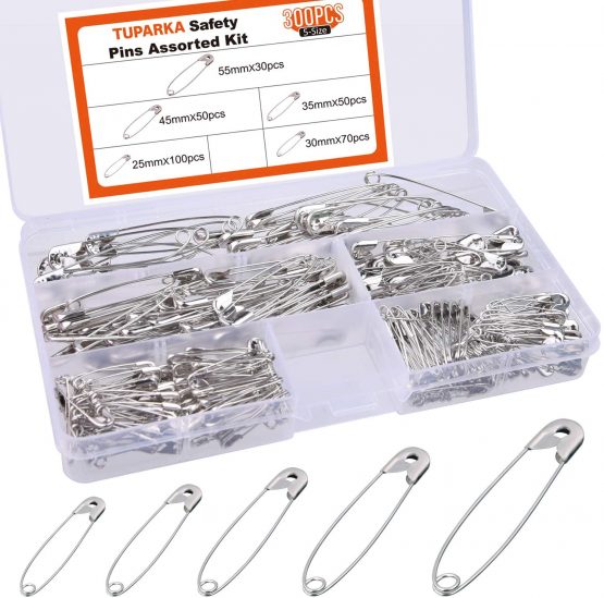 TUPARKA 300 Pcs Assorted Safety Pins Nickel Plated Pins for Clothing Crafts Arts,5 Sizes (25,30,35,45,55mm)