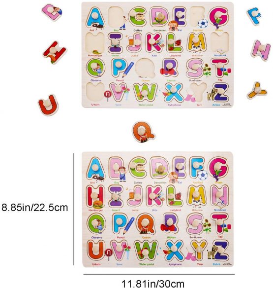 DesignerBox Set of 3 Toddler Puzzles Wooden Peg Puzzles for Toddlers Kids - Numbers, Alphabet and Objects Sorter Sorting Puzzle Educational Knob Puzzles Playset Toy (Style 2) - Image 4