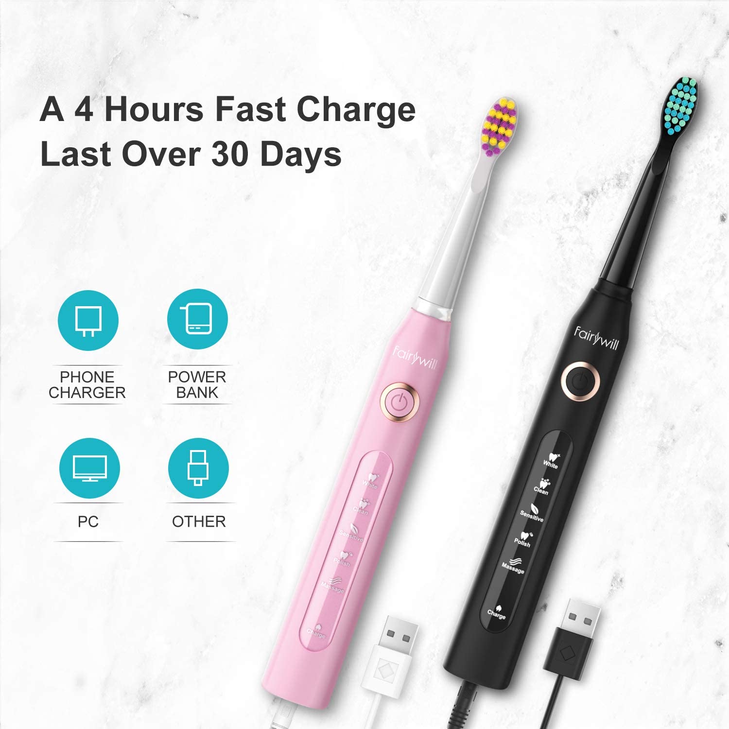 Fairywill Set of 2 Electric Toothbrush Rechargeable,Sonic Whitening