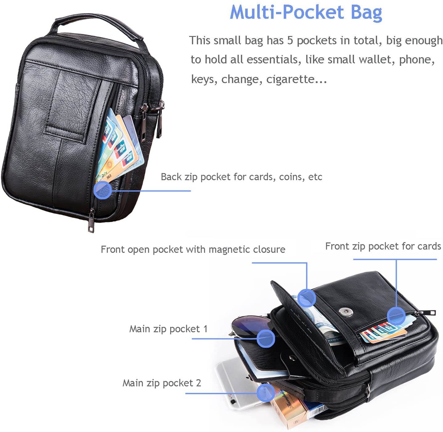 Hengwin Men’s Shoulder Crossbody Sling Bag, Genuine Leather Belt Messenger Pouch with Strap, Mobile Phone Case Holder - Image 4
