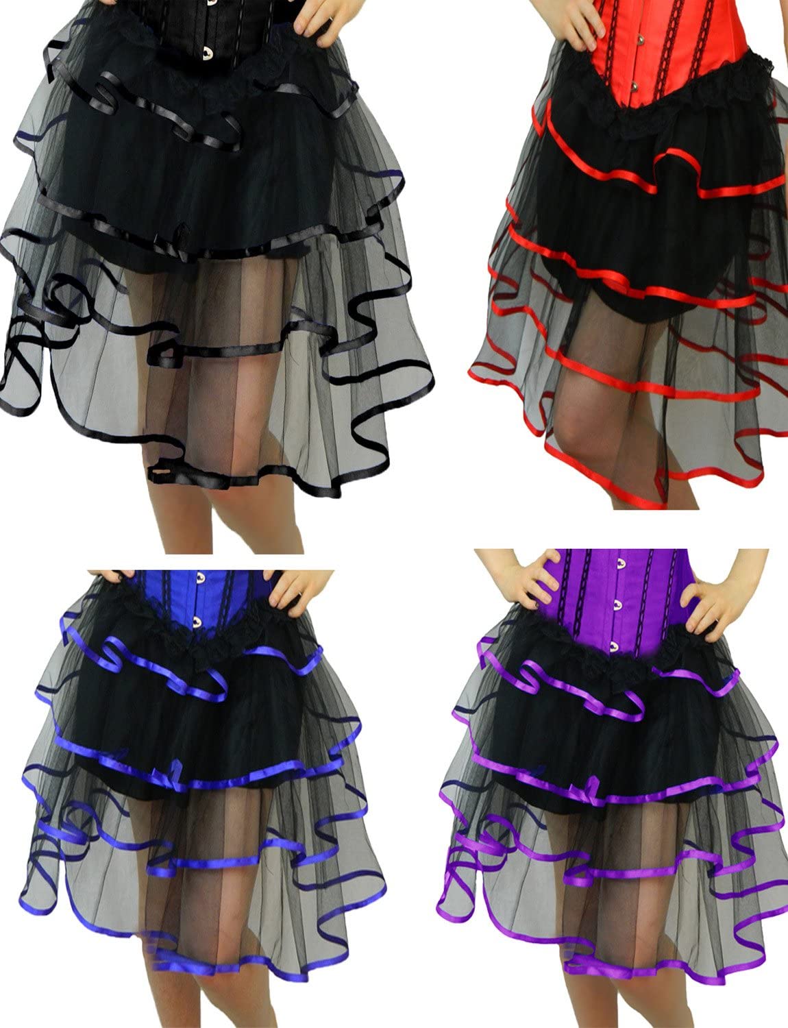 Yummy Bee Long Layered Tutu Skirt for Women, Black, Red, White, Blue Satin Ribbon Trim - Image 2