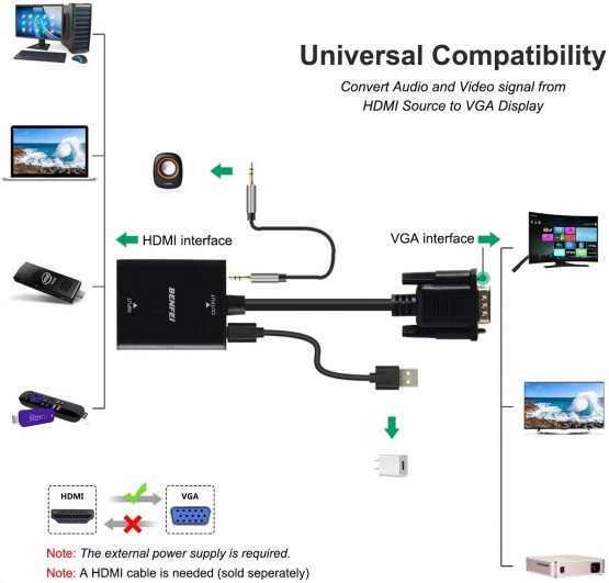 HDMI to VGA Adapter, BENFEI Female HDMI Input to Male VGA Output Adapter with 3.5mm Audio Jack Compatible for TV Stick, Computer, Laptop, Monitor, Projector, Raspberry Pi, Roku, Xbox and More - Black - Image 3