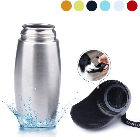 VIVAGLORY Leak Proof Dog Travel Water Bottle, 750 ml Portable Dog Drinking Bottle with Big Trough, BPA Free, Stainless Steel