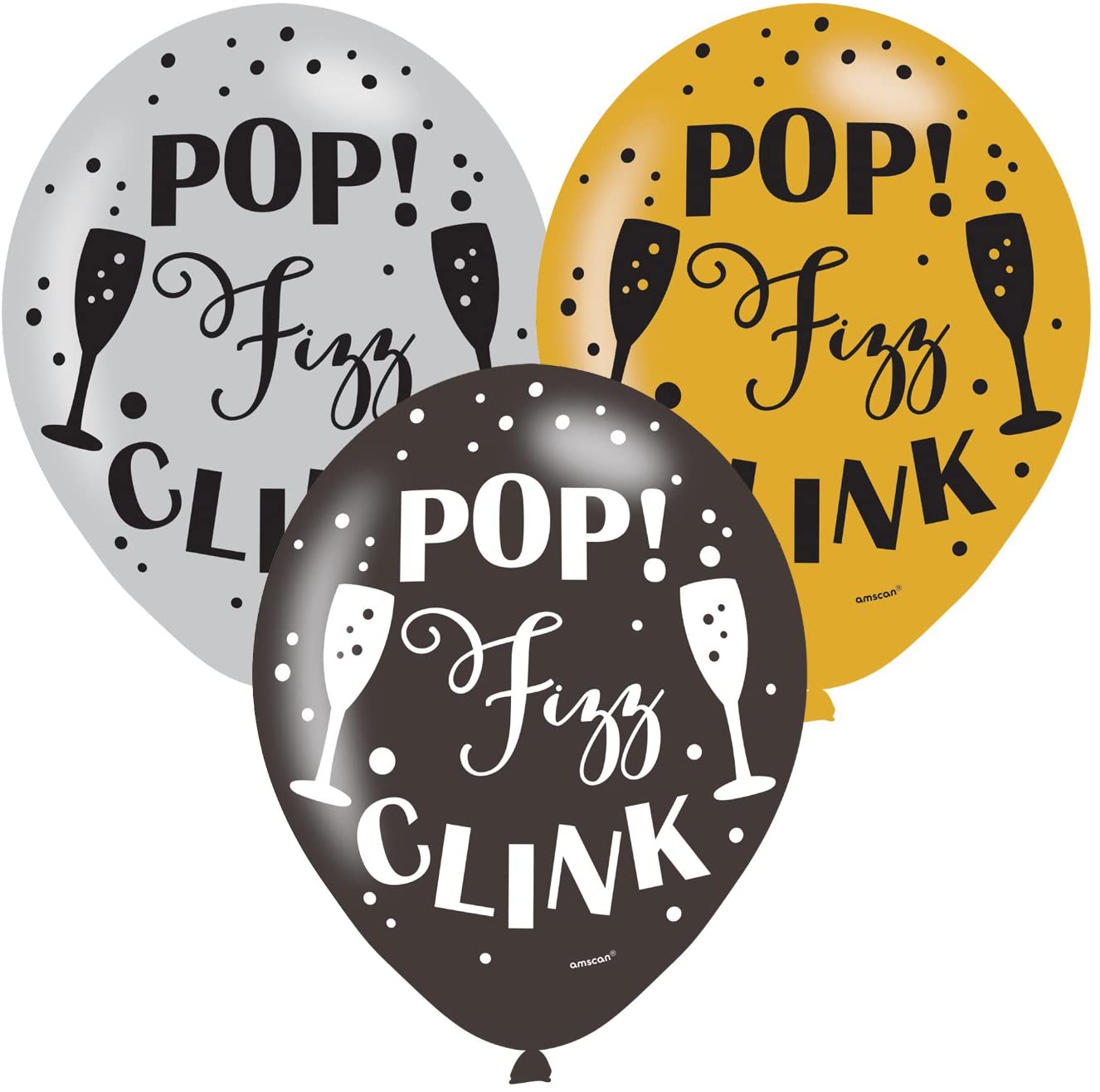 BALLOON:6pk 11in PopFizz, Assorted,gold,silver,black