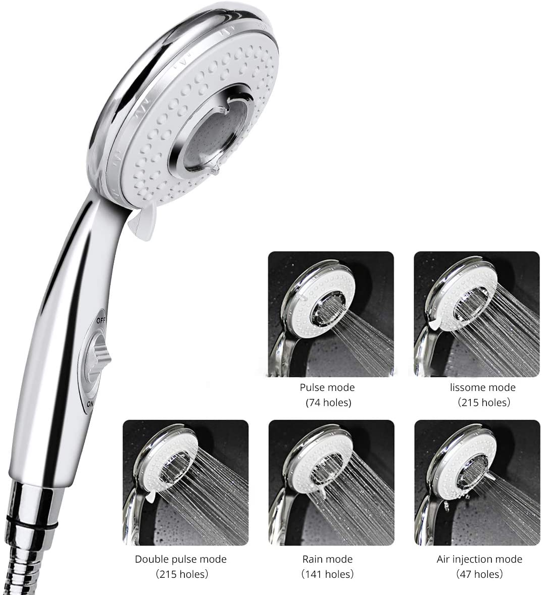 ACGAM Universal High Pressure Shower Head with 5 Modes Water Saving and Shower Head Switch