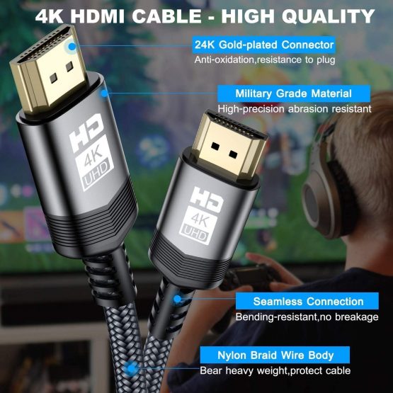4K HDMI Cable 3M,[Upgraded] AviBrex HDMI 2.0 Cable High Speed 18Gbps Nylon Braid HDMI Lead Cord Supports 4K@60Hz Video UHD 2160p,HD 1080p,3D,HDCP 2.2 ARC Compatible with Fire TV Xbox PS3 PS4 PC-Grey - Image 2
