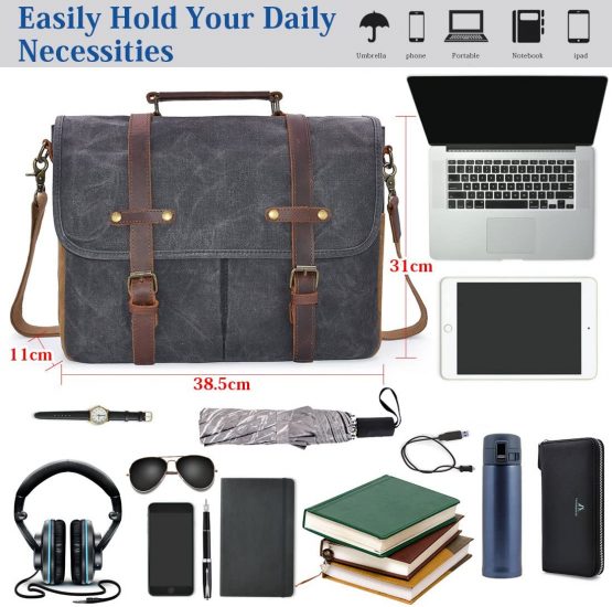 Newhey Mens Laptop Shoulder Canvas Messenger Bag Waterproof Computer Briefcase Notebook Vintage Satchel Designer School Work Bags Grey 15.6 Leather - Image 3