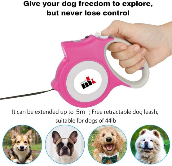 Makife Retractable Dog Lead Dog Leash for Small Dog up to 25kg Dog Pet, 5m Strong Dog Walking Leash with LED Light, 15pcs Dog Poop Waste Bags with Dispenser - Pink - Image 2