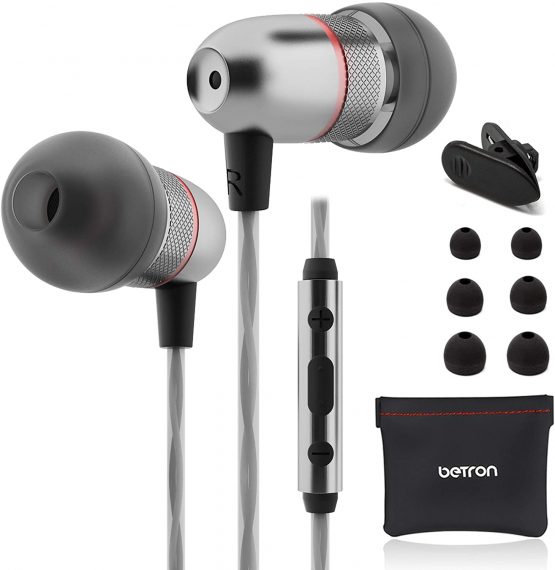 Betron ELR50 Earphones with Microphone, Noise Isolating Wired Headphones Earphones with Mic and Volume Control, Carry Case, Enhanced Bass, 3.5 mm Jack, Black