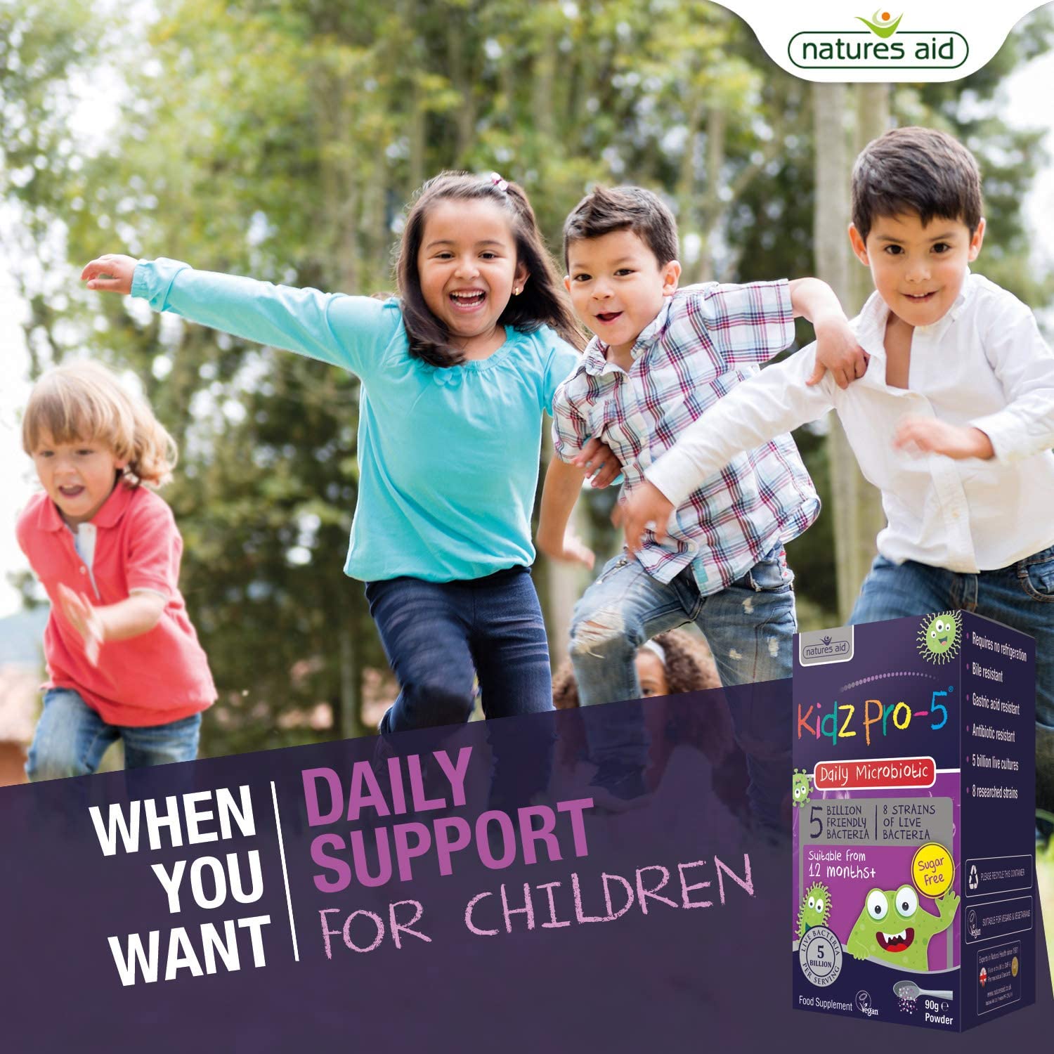 Natures Aid Bio360 Kidz Pro-5 Daily Microbiotic Powder 90g for Children 12 Months to 12 Years, 5 Billion Friendly Bacteria - Image 2