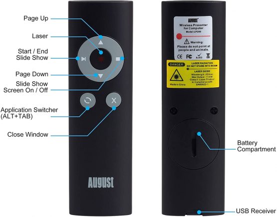 Wireless PowerPoint Clicker - August LP200 - Presenter with Shortcut Keys and Pointer - Remote Control Range: 15m - Presentation Skills eBook Included Black - Image 3