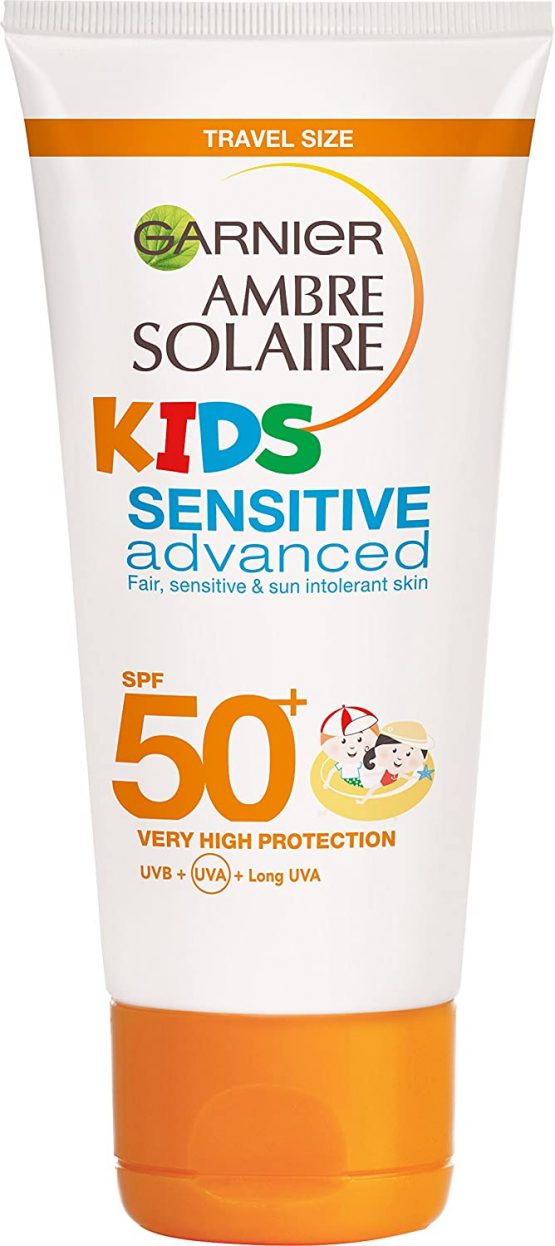 Garnier Ambre Solaire Kids Sensitive Sand Resistant Travel Sun Cream SPF50+, High Sun Protection Kids Suncream Lotion SPF50+ Handy Travel Size 50 ml